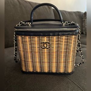 Chanel Rattan calfskin vanity case navy blue AUTHENTIC